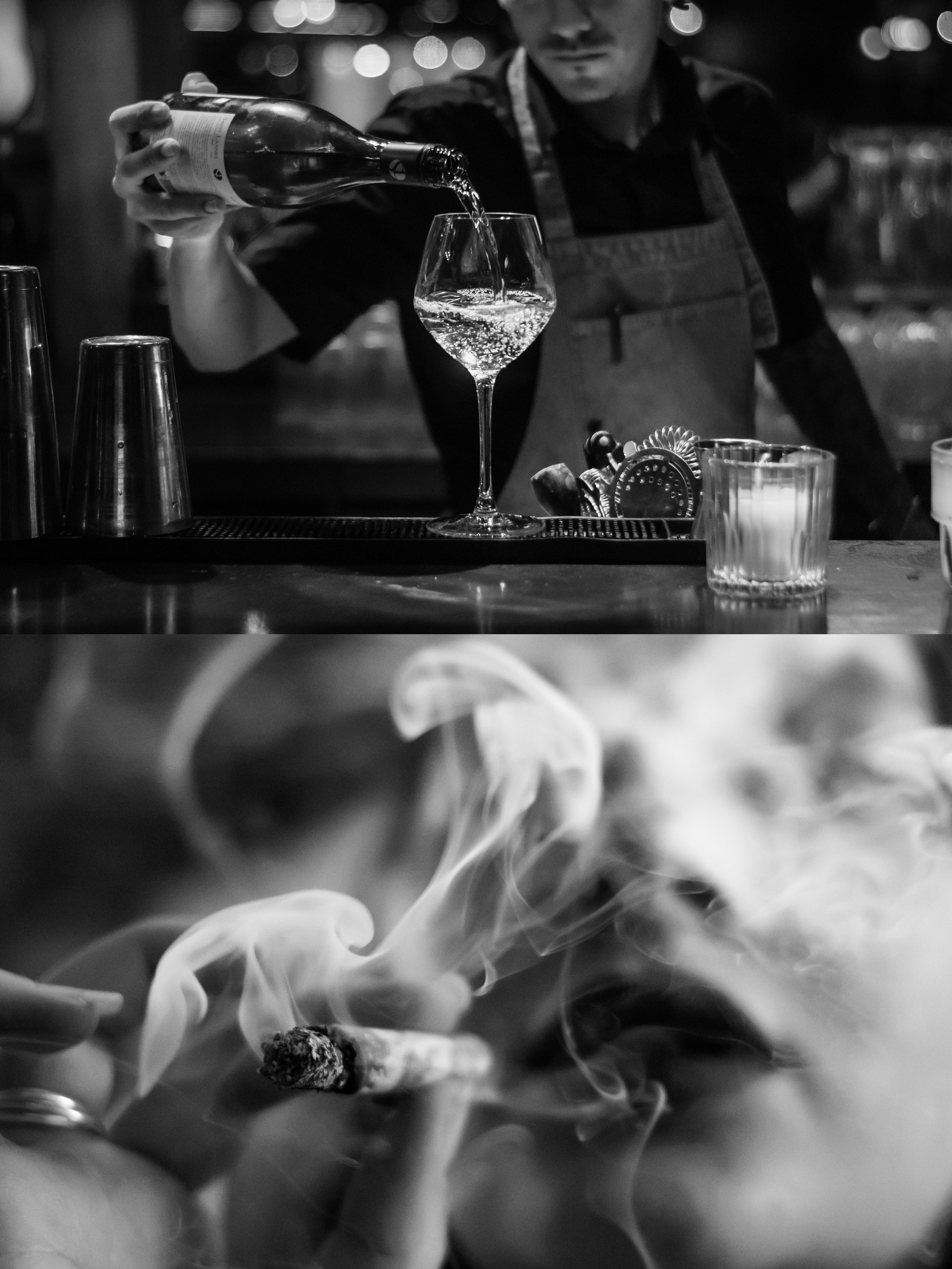 Bartender pouring wine and person smoking marijuana joint.t.