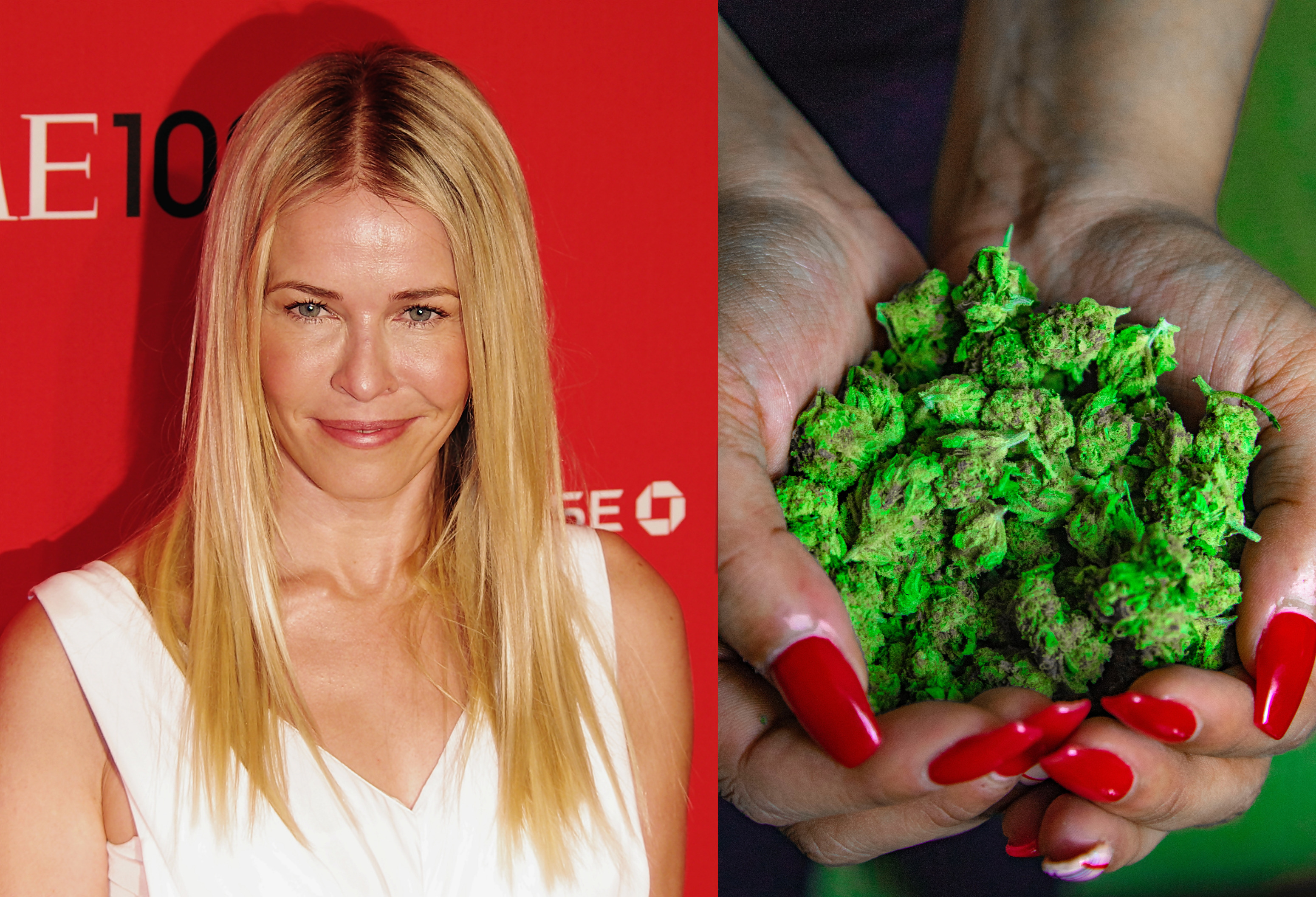 Chelsea Handler and woman holding marijuana buds.