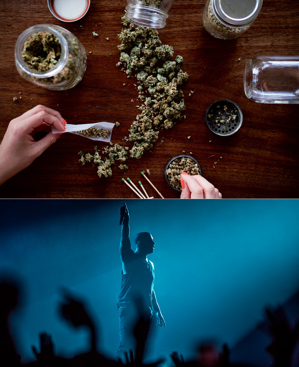 (Top) Jars of marijuana and person rolling a joint. (Bottom) Drake, Telenor Arena 2017.