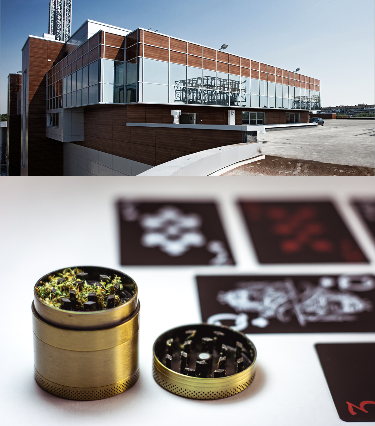 (Top) Cannabis real estate building. (Bottom) Grinder with marijuana.
