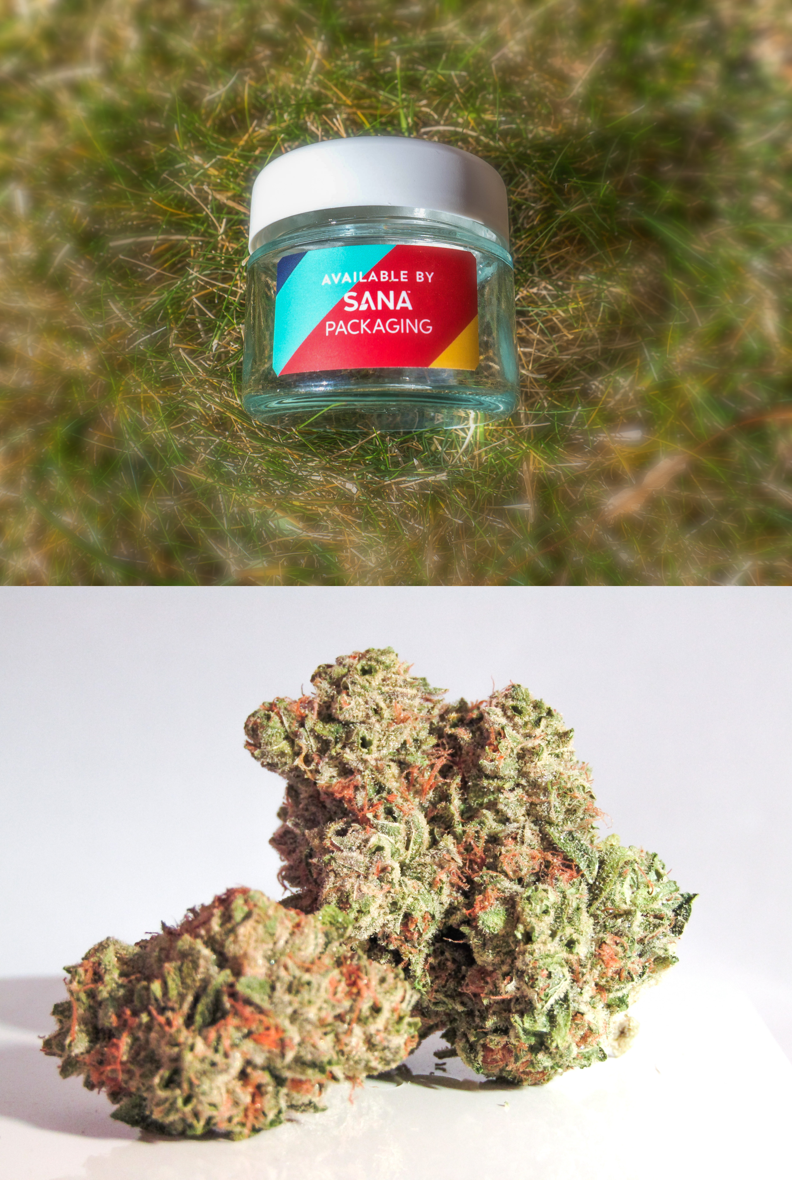 (Top) The Sana Ocean Screw-Top lid and glass jar. (Bottom) Marijuana bud.
