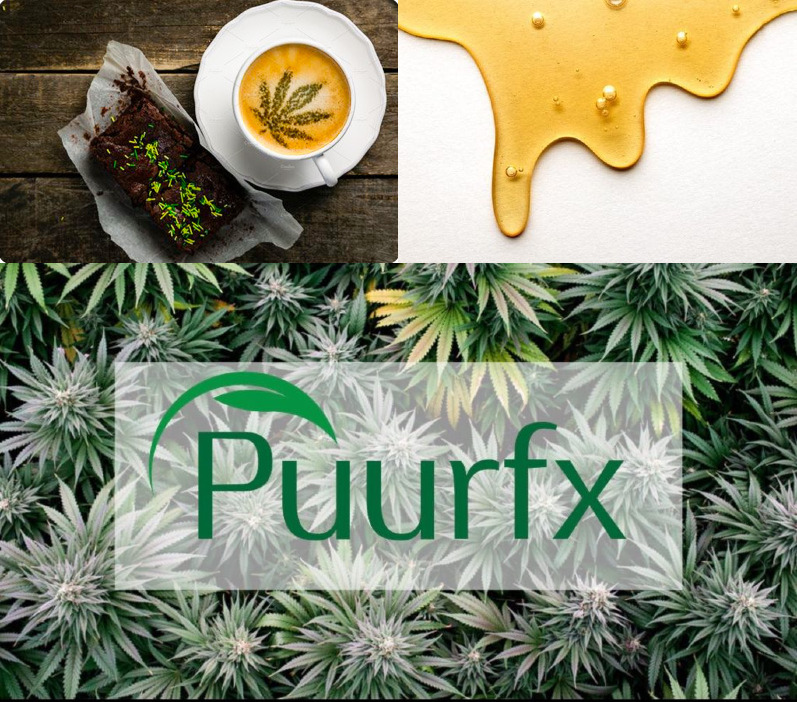 Cake and latte with cannabis leaf design and concentrate.